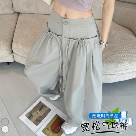 BY19246# 设计感高腰木耳边弯刀裤慵懒风抽绳显瘦气球裤百搭休闲裤 服裝批發女裝批發服飾貨源