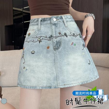 BY19247# 夏季新款复古水洗牛仔短裙设计感高腰减龄显瘦A字裙 服裝批發女裝批發服飾貨源