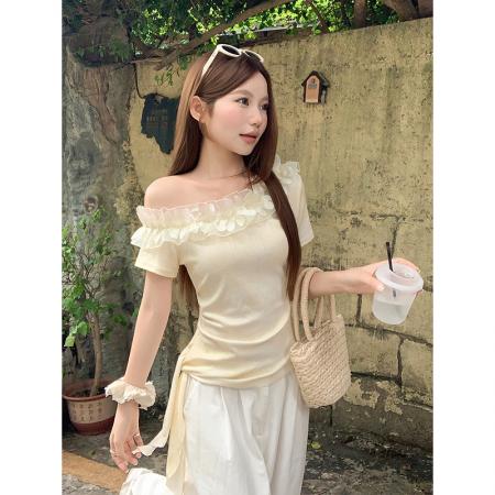 BY19254# 纯欲风斜领露肩短袖t恤女夏季新款侧边褶皱收腰显瘦百搭上衣 服裝批發女裝批發服飾貨源