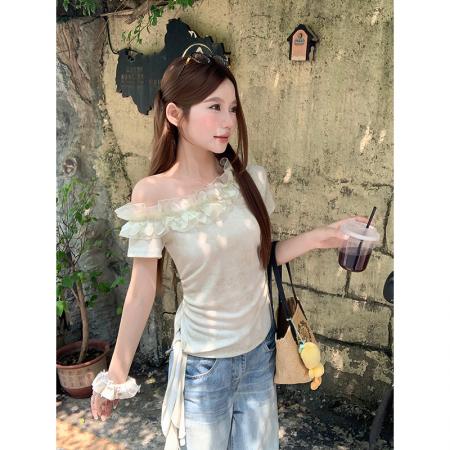 BY19254# 纯欲风斜领露肩短袖t恤女夏季新款侧边褶皱收腰显瘦百搭上衣 服裝批發女裝批發服飾貨源