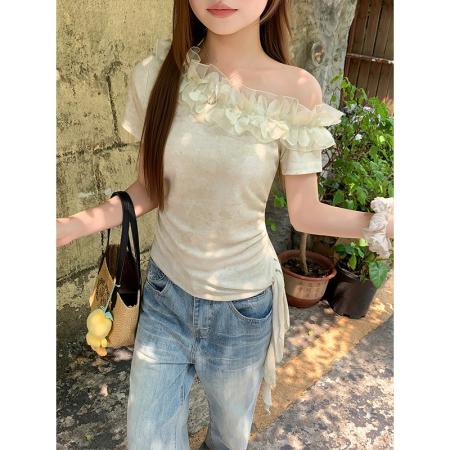BY19254# 纯欲风斜领露肩短袖t恤女夏季新款侧边褶皱收腰显瘦百搭上衣 服裝批發女裝批發服飾貨源