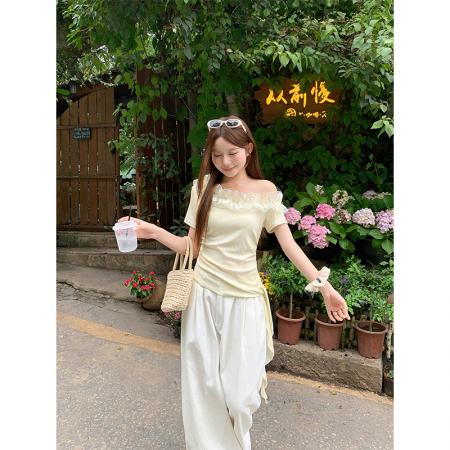 BY19254# 纯欲风斜领露肩短袖t恤女夏季新款侧边褶皱收腰显瘦百搭上衣 服裝批發女裝批發服飾貨源
