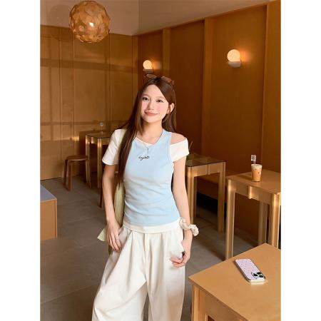 BY19255# 纯欲风真两件露肩t恤女夏季新款韩系修身显瘦辣妹短袖上衣两件套 服裝批發女裝批發服飾貨源