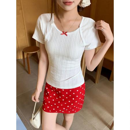 BY19257# 蕾丝边圆领短袖t恤女夏季新款韩系辣妹风修身显手百搭衫通勤上衣 服裝批發女裝批發服飾貨源