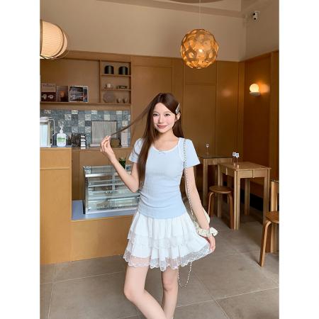 BY19257# 蕾丝边圆领短袖t恤女夏季新款韩系辣妹风修身显手百搭衫通勤上衣 服裝批發女裝批發服飾貨源