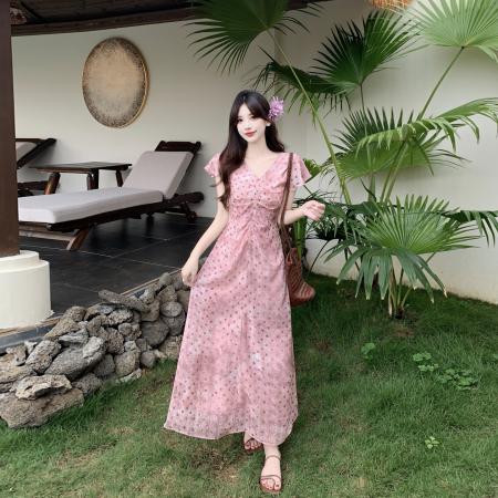 BY19260# 大码女装夏款减龄法式气质收腰显瘦扎染粉色波点连衣裙女V领 服裝批發女裝批發服飾貨源