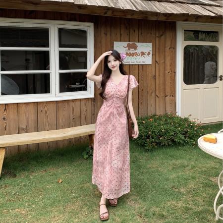 BY19260# 大码女装夏款减龄法式气质收腰显瘦扎染粉色波点连衣裙女V领 服裝批發女裝批發服飾貨源