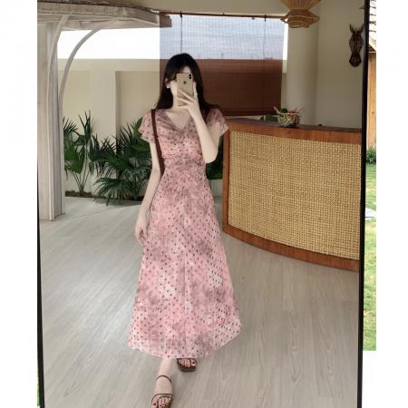 BY19260# 大码女装夏款减龄法式气质收腰显瘦扎染粉色波点连衣裙女V领 服裝批發女裝批發服飾貨源