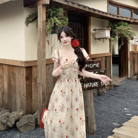 BY19262# 玫瑰假日法式浪漫碎花连衣裙温婉大码女装收腰显瘦度假长裙 服裝批發女裝批發服飾貨源