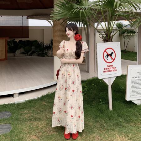 BY19262# 玫瑰假日法式浪漫碎花连衣裙温婉大码女装收腰显瘦度假长裙 服裝批發女裝批發服飾貨源