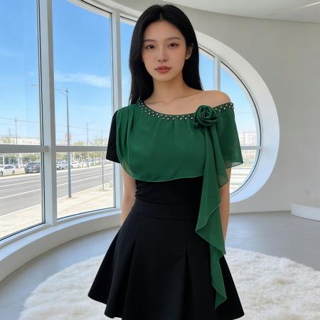 BY19270# 斜肩夏季女装荷叶边玫瑰花装饰设计T恤小衫时尚修身钉钻气质百搭 服裝批發女裝批發服飾貨源