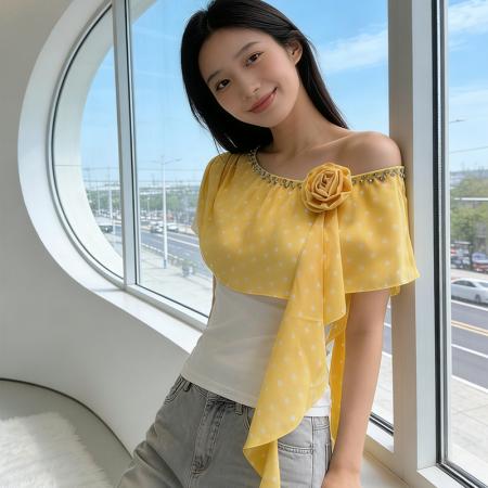 BY19270# 斜肩夏季女装荷叶边玫瑰花装饰设计T恤小衫时尚修身钉钻气质百搭 服裝批發女裝批發服飾貨源