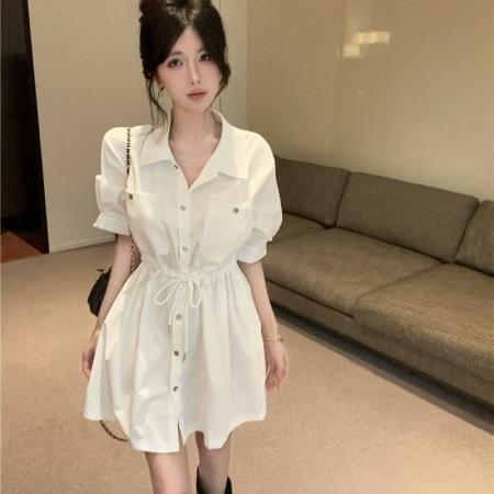 BY19273# 夏季小众不撞款穿搭衬衫裙复古气质工装polo领抽绳收腰连衣裙 服裝批發女裝批發服飾貨源