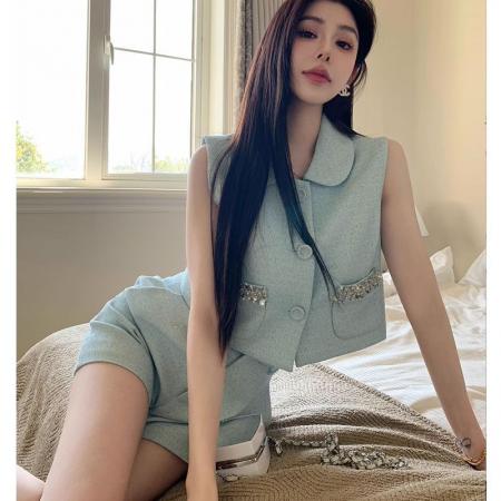 BY19274# 娃娃领精致无袖小香风蓝色背心上衣短裤套装夏新款 服裝批發女裝批發服飾貨源