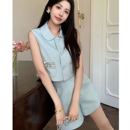BY19274# 娃娃领精致无袖小香风蓝色背心上衣短裤套装夏新款 服裝批發女裝批發服飾貨源