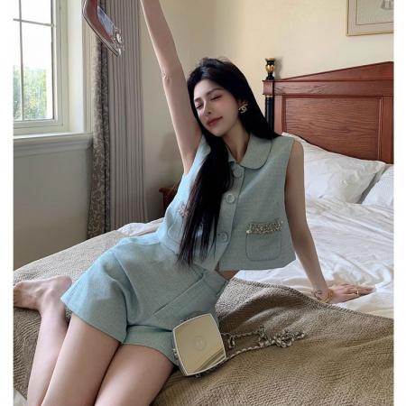 BY19274# 娃娃领精致无袖小香风蓝色背心上衣短裤套装夏新款 服裝批發女裝批發服飾貨源