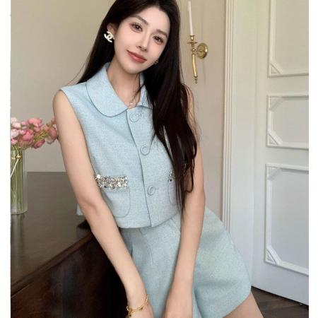 BY19274# 娃娃领精致无袖小香风蓝色背心上衣短裤套装夏新款 服裝批發女裝批發服飾貨源