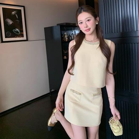 BY19276# 千金风无袖马甲上衣短裙子小香风套装女夏季薄款 服裝批發女裝批發服飾貨源