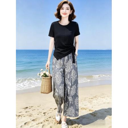 BY19279# 简约艺术洋气减龄弹力显瘦T恤+松紧腰印花直筒裤套装 服裝批發女裝批發服飾貨源