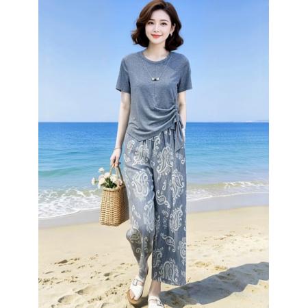 BY19279# 简约艺术洋气减龄弹力显瘦T恤+松紧腰印花直筒裤套装 服裝批發女裝批發服飾貨源