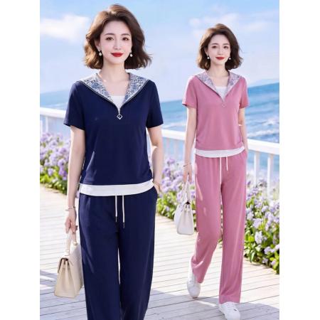 BY19280# 时尚休闲运动套装蕾丝拼接海军领上衣+松紧腰阔腿裤套装 服裝批發女裝批發服飾貨源