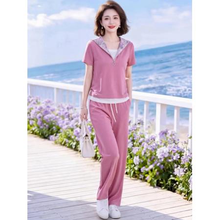 BY19280# 时尚休闲运动套装蕾丝拼接海军领上衣+松紧腰阔腿裤套装 服裝批發女裝批發服飾貨源