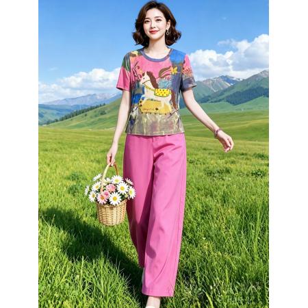 BY19281# 简约艺术洋气印花弹力T恤+半松紧腰九分裤套装 服裝批發女裝批發服飾貨源