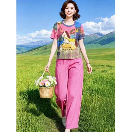 BY19281# 简约艺术洋气印花弹力T恤+半松紧腰九分裤套装 服裝批發女裝批發服飾貨源