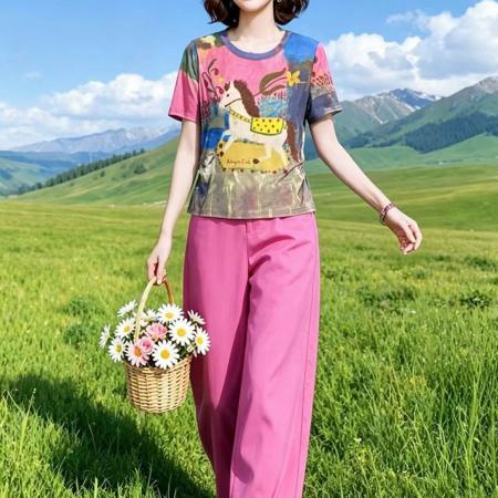 BY19281# 简约艺术洋气印花弹力T恤+半松紧腰九分裤套装 服裝批發女裝批發服飾貨源
