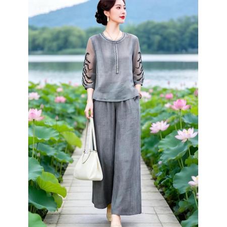 BY19283# 文艺国风拼接网纱上衣+松紧腰直筒裤套装 服裝批發女裝批發服飾貨源