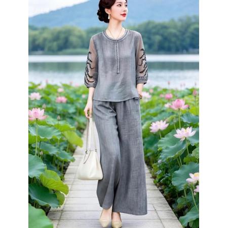 BY19283# 文艺国风拼接网纱上衣+松紧腰直筒裤套装 服裝批發女裝批發服飾貨源