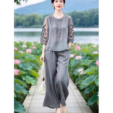 BY19283# 文艺国风拼接网纱上衣+松紧腰直筒裤套装 服裝批發女裝批發服飾貨源