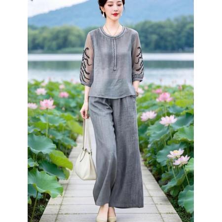 BY19283# 文艺国风拼接网纱上衣+松紧腰直筒裤套装 服裝批發女裝批發服飾貨源