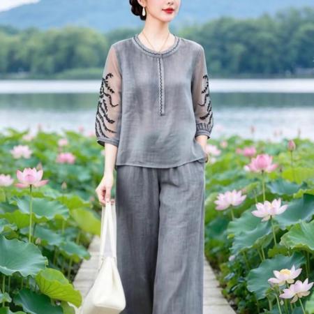 BY19283# 文艺国风拼接网纱上衣+松紧腰直筒裤套装 服裝批發女裝批發服飾貨源