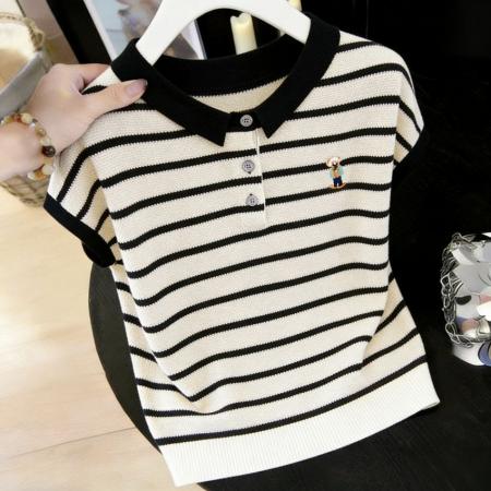 BY19288# POLO领刺绣冰丝针织衫短袖T恤女装夏季薄款时尚翻领条纹上衣 服裝批發女裝批發服飾貨源
