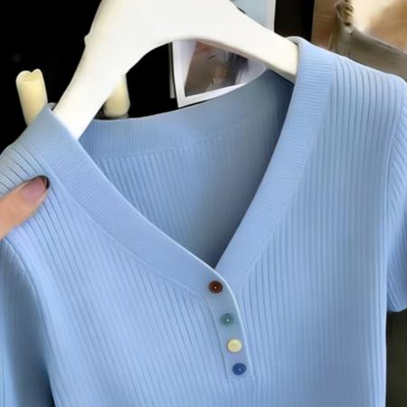 BY19289# 遮肚彩色扣冰丝短袖V领针织衫女夏季薄款百搭T恤宽松减龄上衣 服裝批發女裝批發服飾貨源