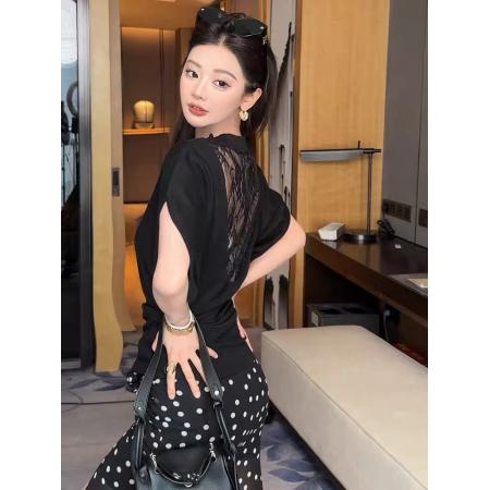 BY19291# 蕾丝微透防晒T恤衫蕾丝拼斜肩短袖女春天丝上衣 服裝批發女裝批發服飾貨源