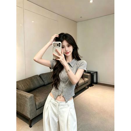 BY19295# 不规则复古扎染辣妹polo领收腰小个子针织短袖t恤衬衫女 服裝批發女裝批發服飾貨源