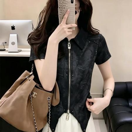 BY19295# 不规则复古扎染辣妹polo领收腰小个子针织短袖t恤衬衫女 服裝批發女裝批發服飾貨源