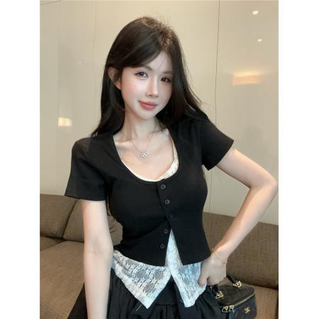 BY19296# 新款甜美短款小个子正肩蕾丝花边假两件短袖t恤上衣女 服裝批發女裝批發服飾貨源