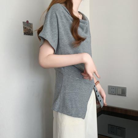 BY19301# 夏现款大码时尚条纹合体弹力开叉时尚设计感上衣T恤 服裝批發女裝批發服飾貨源