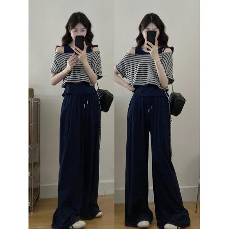 BY19302# 夏新款休闲两件套宽松显瘦条纹上衣冰丝凉感透气长裤套装 服裝批發女裝批發服飾貨源