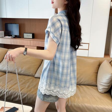 BY19304# 夏季新款美式复古设计感蓝色格纹下摆拼接蕾丝短袖衬衫女 服裝批發女裝批發服飾貨源