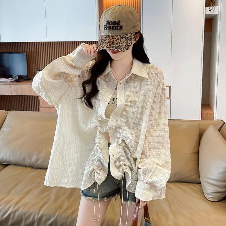 BY19307# 新款杏色设计感好看长袖衬衫女宽松抽绳外套上衣 服裝批發女裝批發服飾貨源
