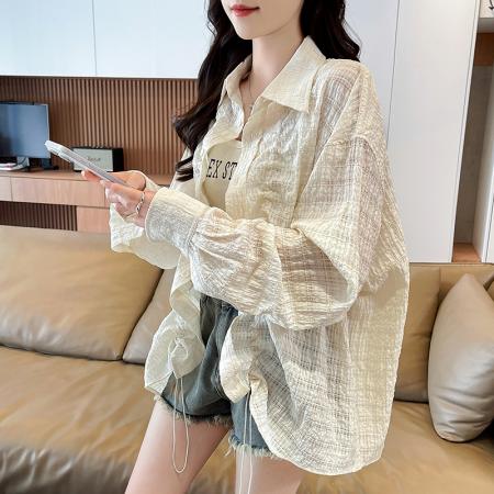 BY19307# 新款杏色设计感好看长袖衬衫女宽松抽绳外套上衣 服裝批發女裝批發服飾貨源