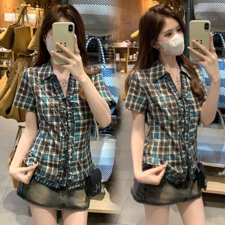 BY19308# 夏季穿搭女小个子韩系设计感甜辣格纹衬衣 服裝批發女裝批發服飾貨源