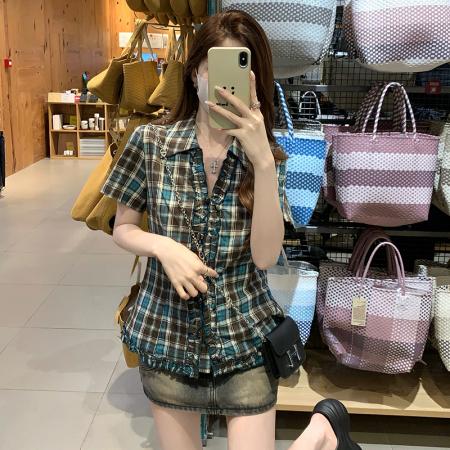 BY19308# 夏季穿搭女小个子韩系设计感甜辣格纹衬衣 服裝批發女裝批發服飾貨源