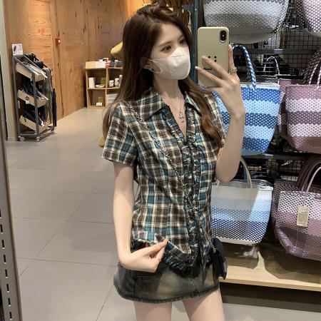 BY19308# 夏季穿搭女小个子韩系设计感甜辣格纹衬衣 服裝批發女裝批發服飾貨源