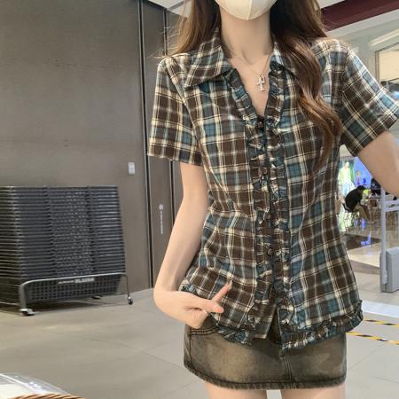 BY19308# 夏季穿搭女小个子韩系设计感甜辣格纹衬衣 服裝批發女裝批發服飾貨源