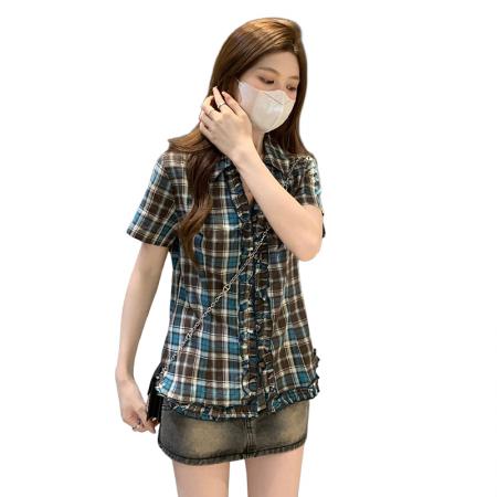 BY19308# 夏季穿搭女小个子韩系设计感甜辣格纹衬衣 服裝批發女裝批發服飾貨源